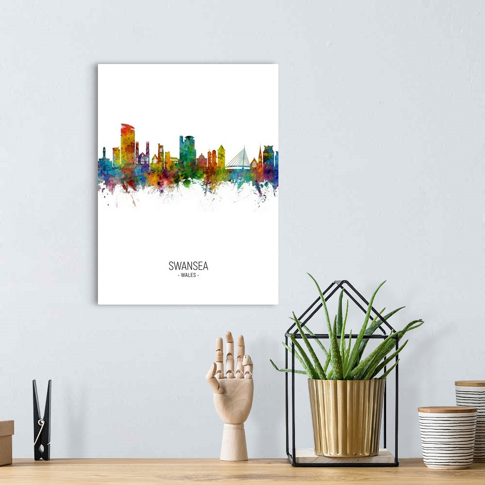 A bohemian room featuring Watercolor art print of the skyline of Swansea, Wales, United Kingdom