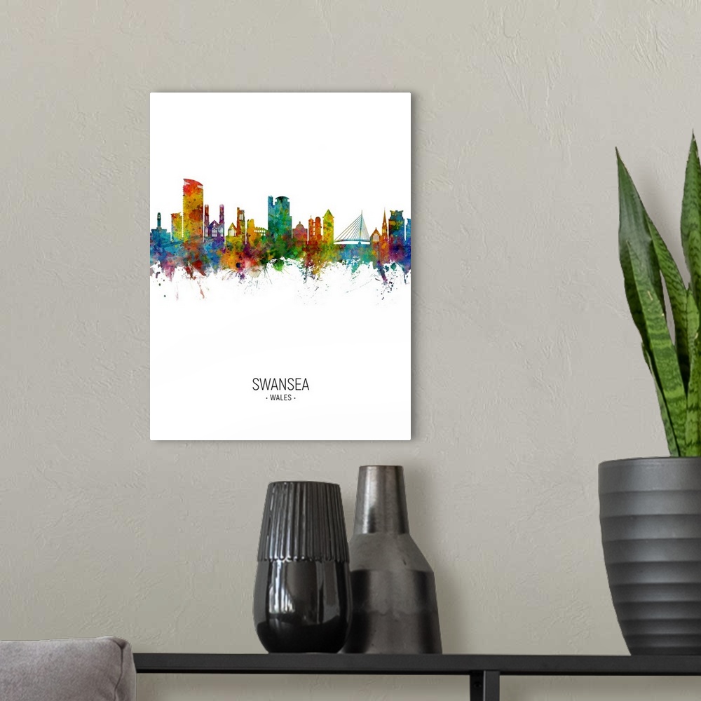 A modern room featuring Watercolor art print of the skyline of Swansea, Wales, United Kingdom