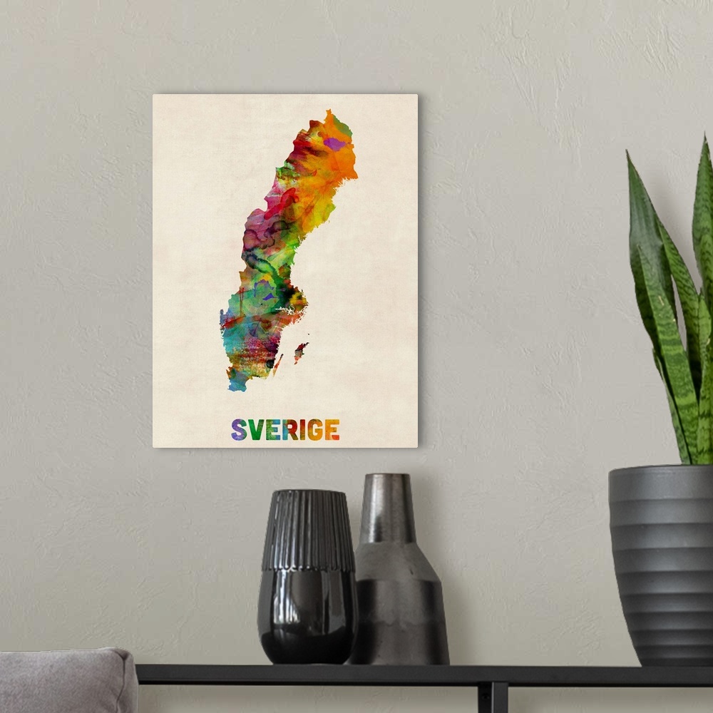 A modern room featuring Sweden Watercolor Map