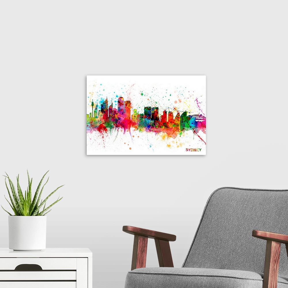 A modern room featuring Contemporary piece of artwork of the Sydney skyline made of colorful paint splashes.