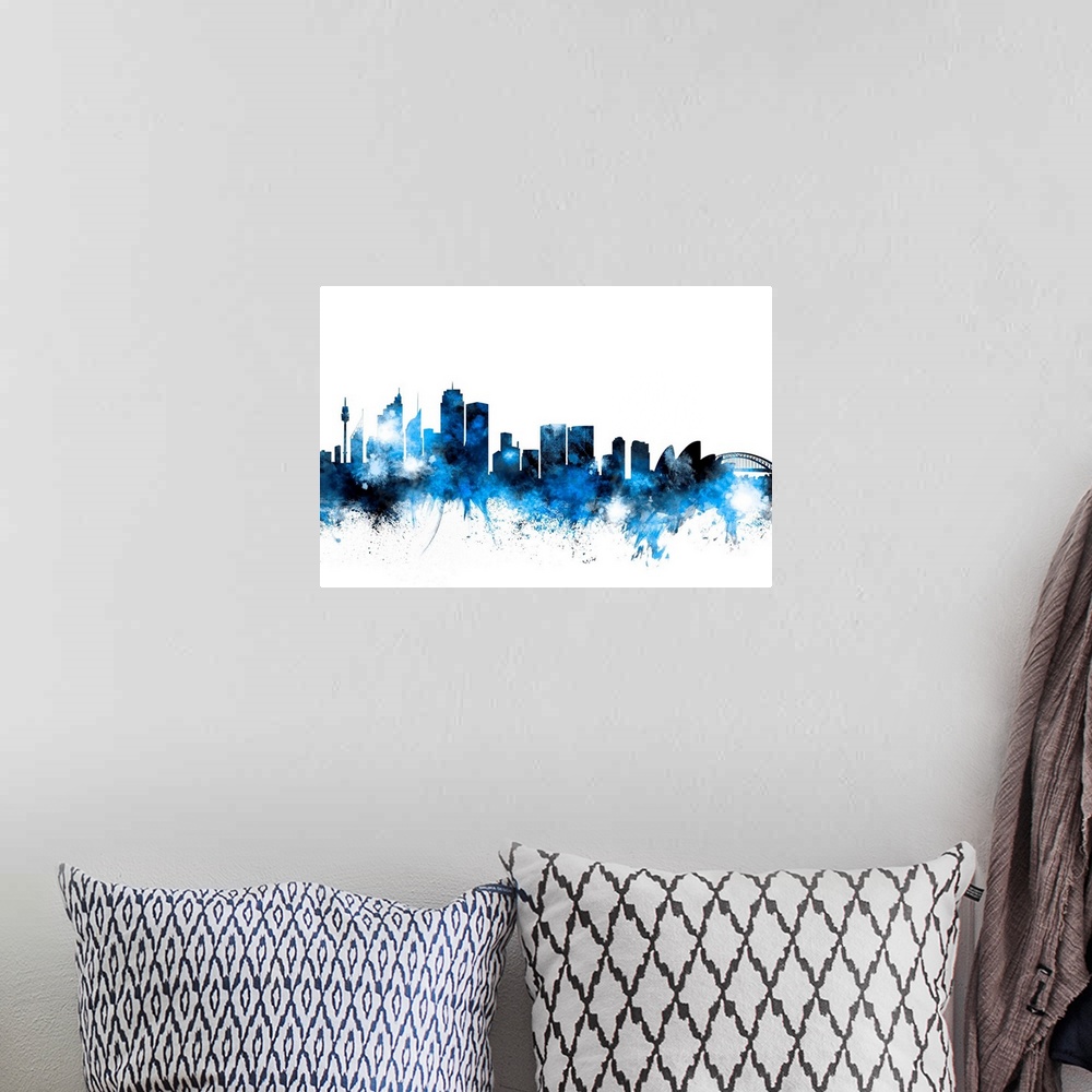 A bohemian room featuring Contemporary piece of artwork of the Sydney skyline made of colorful paint splashes.
