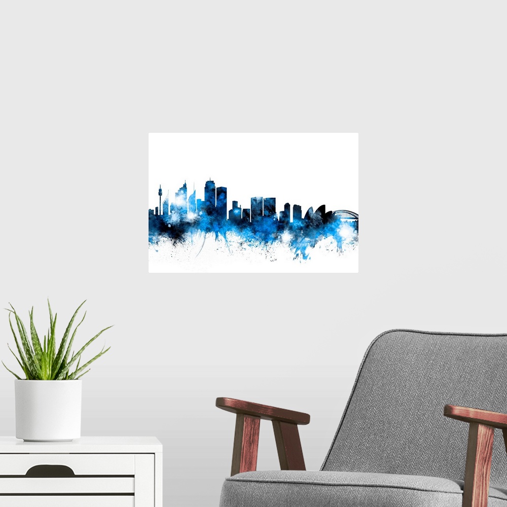 A modern room featuring Contemporary piece of artwork of the Sydney skyline made of colorful paint splashes.