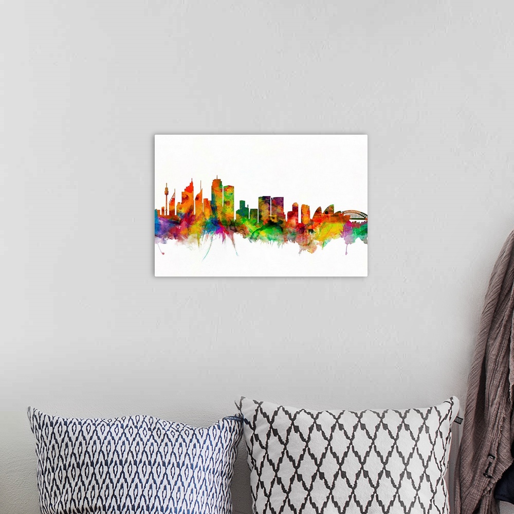 A bohemian room featuring Watercolor artwork of the Sydney skyline against a white background.