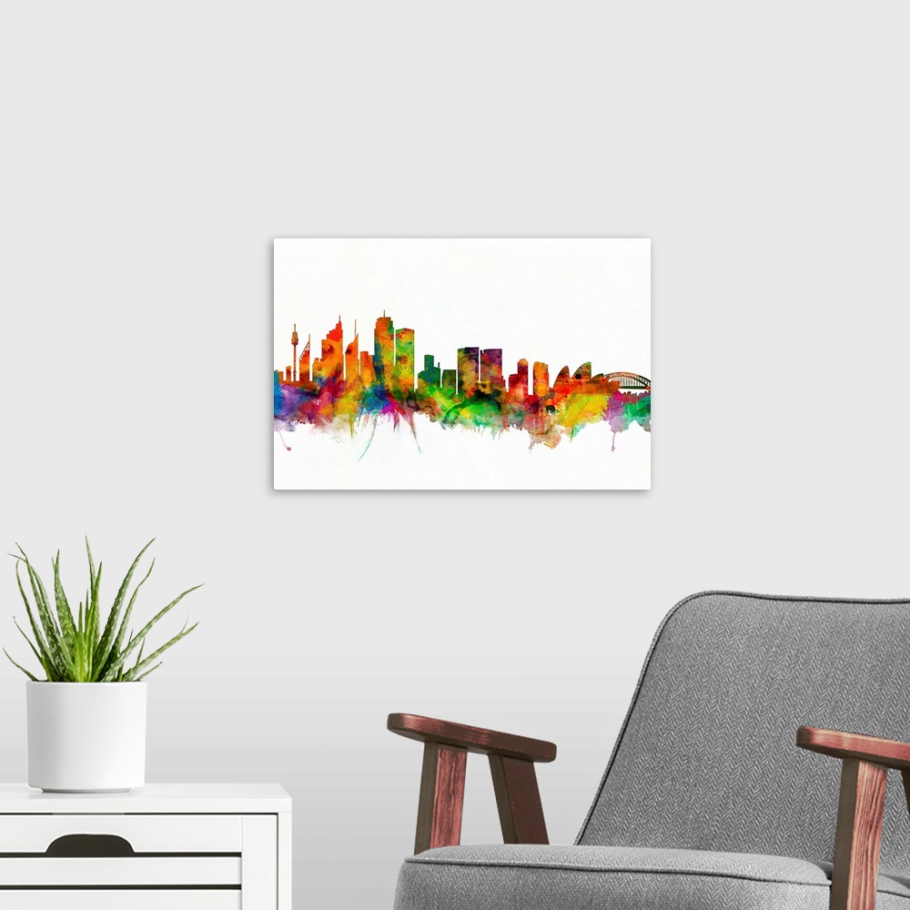 A modern room featuring Watercolor artwork of the Sydney skyline against a white background.