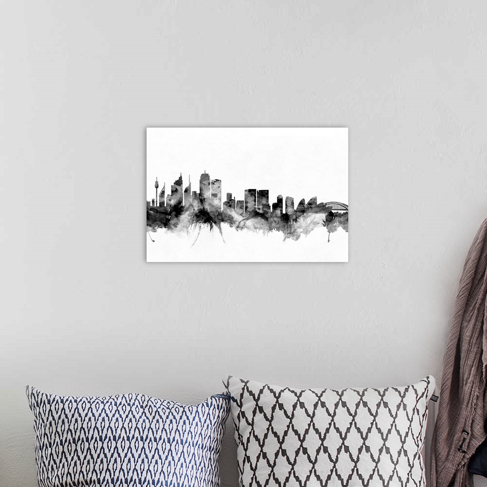 A bohemian room featuring Contemporary artwork of the Sydney city skyline in black watercolor paint splashes.