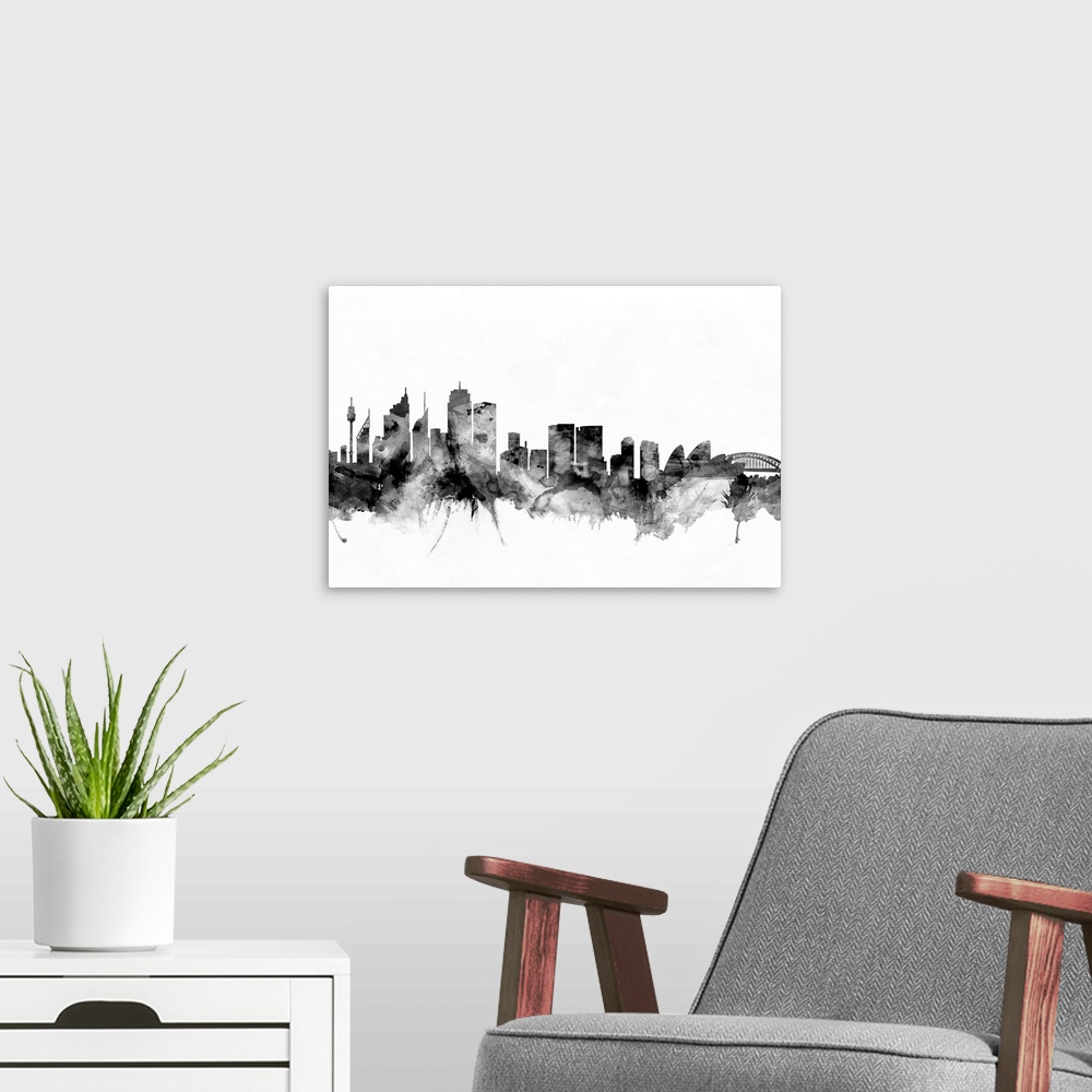 A modern room featuring Contemporary artwork of the Sydney city skyline in black watercolor paint splashes.