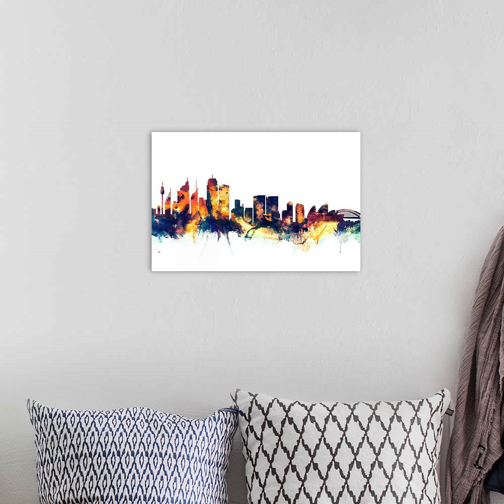 A bohemian room featuring Dark watercolor silhouette of the Sydney city skyline against a light blue background.