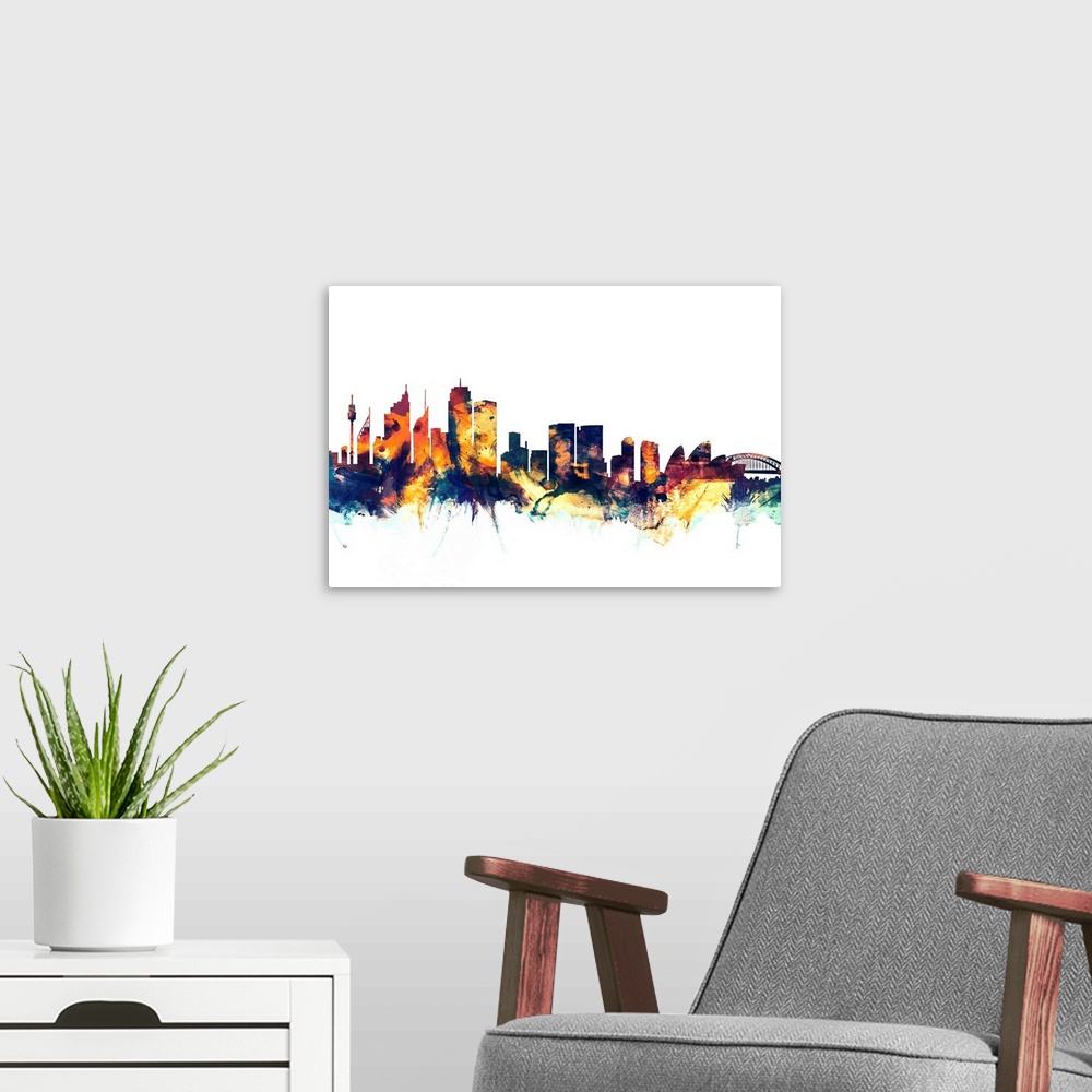 A modern room featuring Dark watercolor silhouette of the Sydney city skyline against a light blue background.