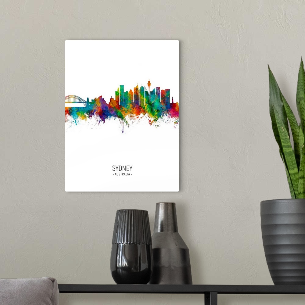 A modern room featuring Watercolor art print of the skyline of Sydney, Australia