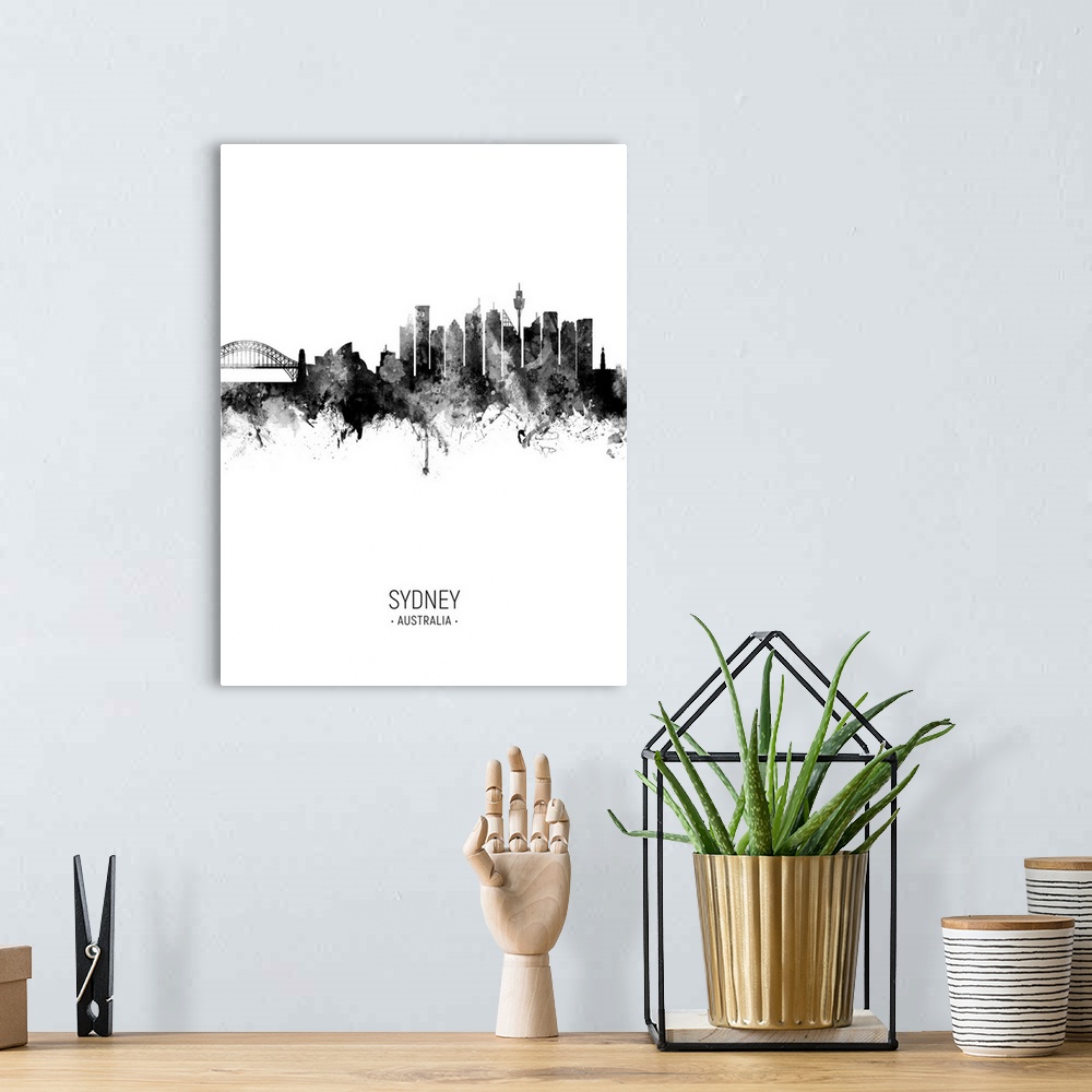 A bohemian room featuring Watercolor art print of the skyline of Sydney, Australia