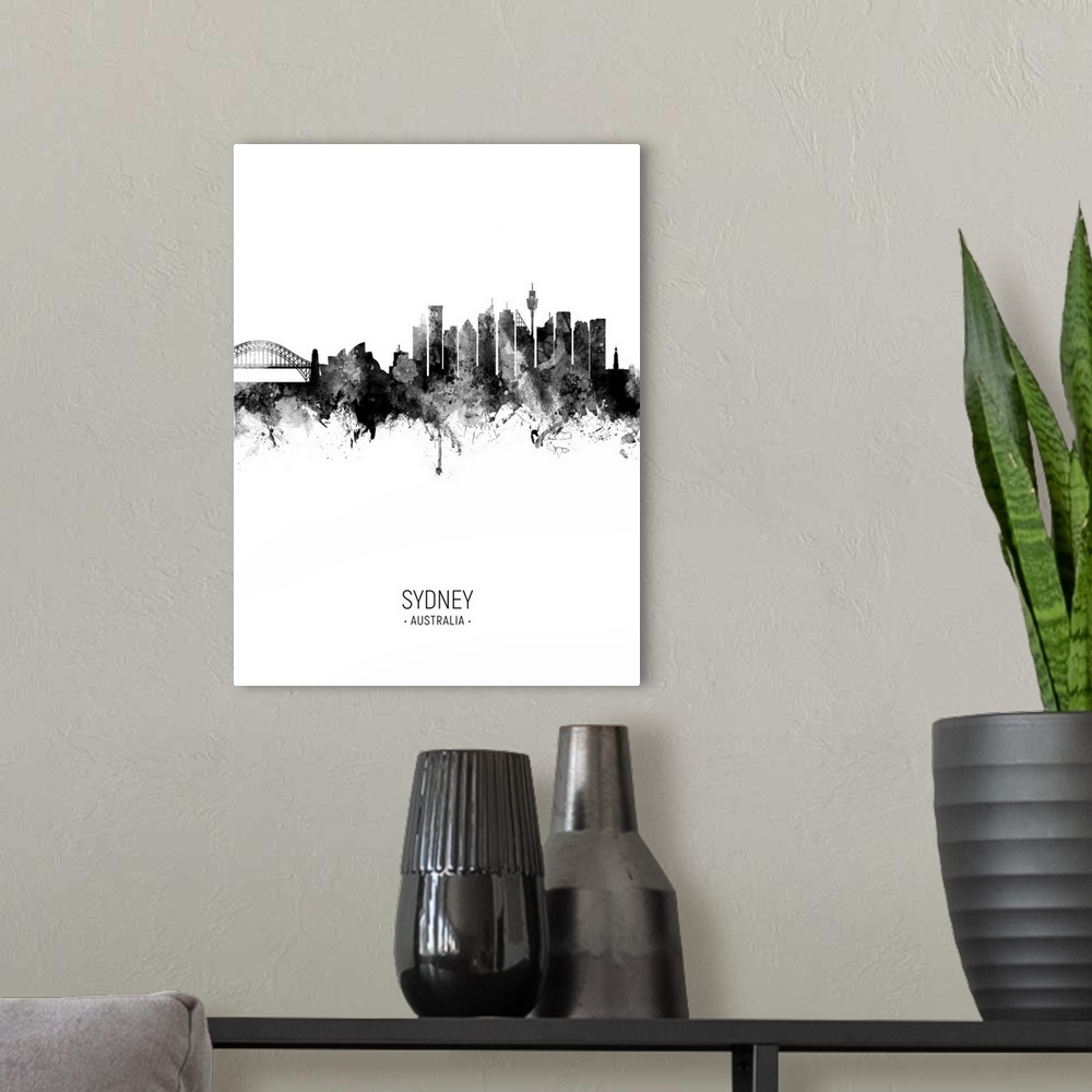 A modern room featuring Watercolor art print of the skyline of Sydney, Australia