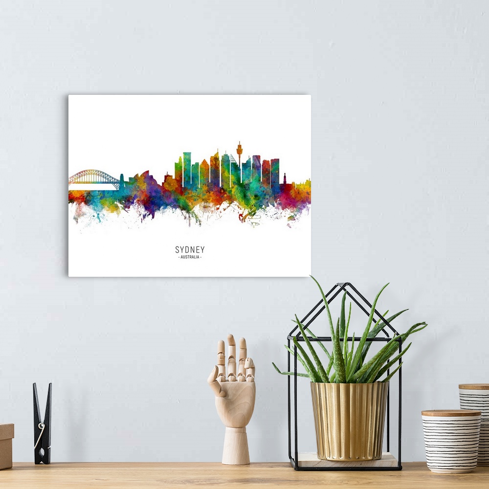 A bohemian room featuring Watercolor art print of the skyline of Sydney, Australia.