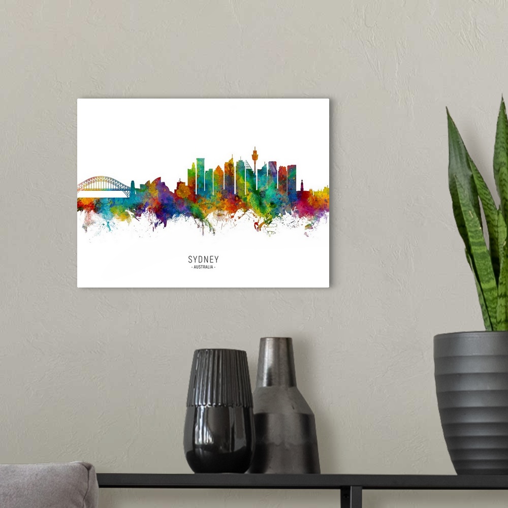 A modern room featuring Watercolor art print of the skyline of Sydney, Australia.
