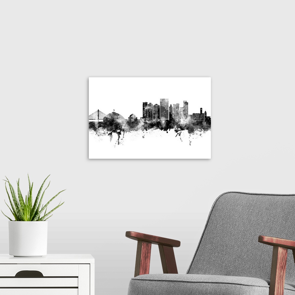 A modern room featuring Watercolor art print of the skyline of Tacoma, Washington, United States