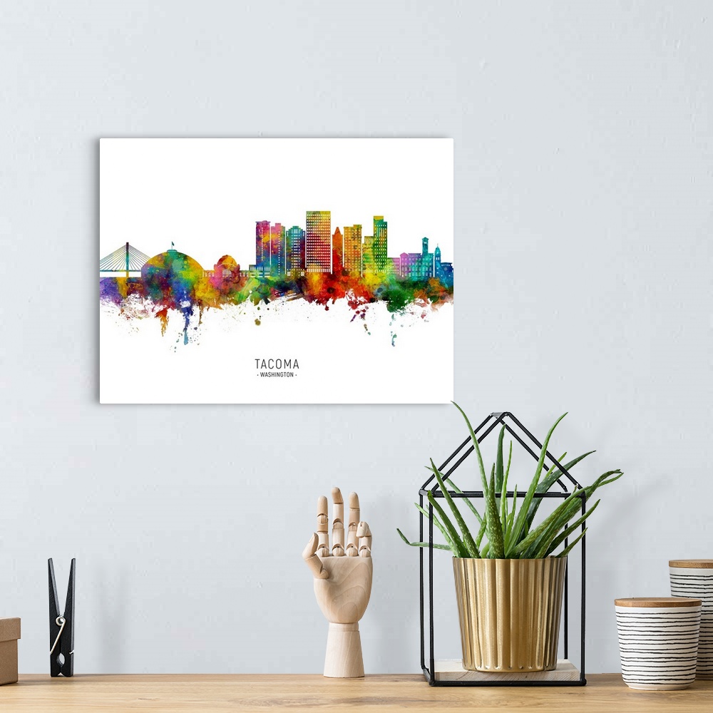 A bohemian room featuring Watercolor art print of the skyline of Tacoma, Washington, United States