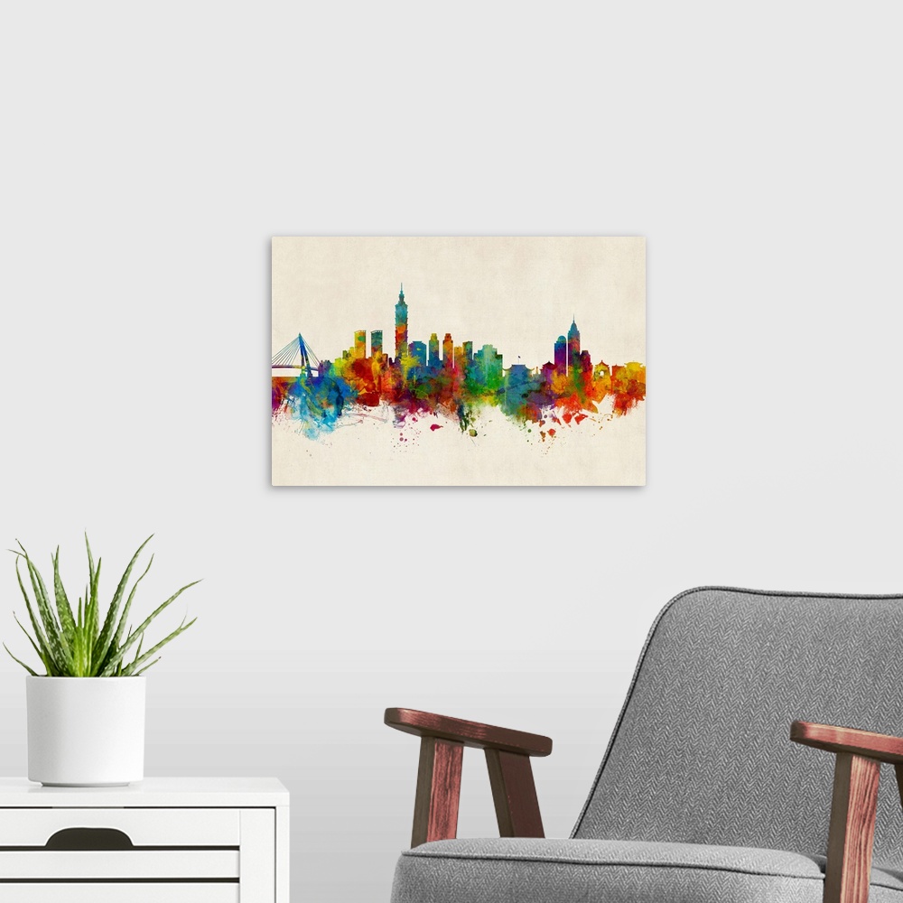 A modern room featuring Watercolor art print of the skyline of Taipei, Taiwan