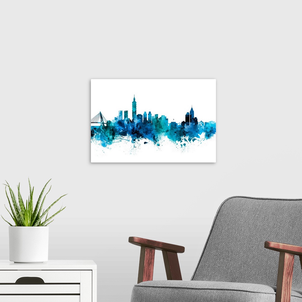 A modern room featuring Watercolor art print of the skyline of Taipei, Taiwan.