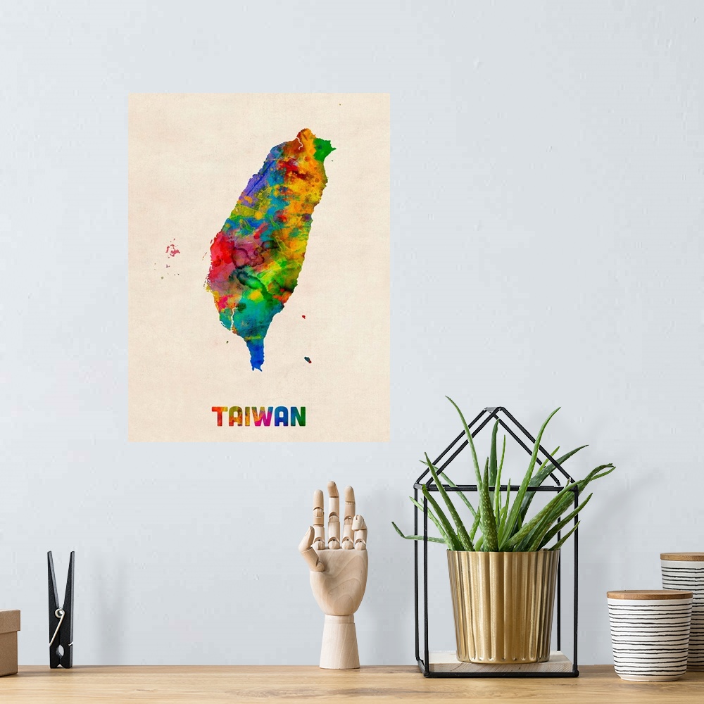 A bohemian room featuring Colorful watercolor art map of Taiwan against a distressed background.