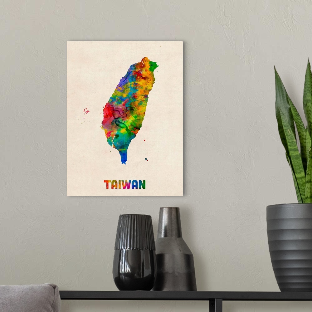 A modern room featuring Colorful watercolor art map of Taiwan against a distressed background.