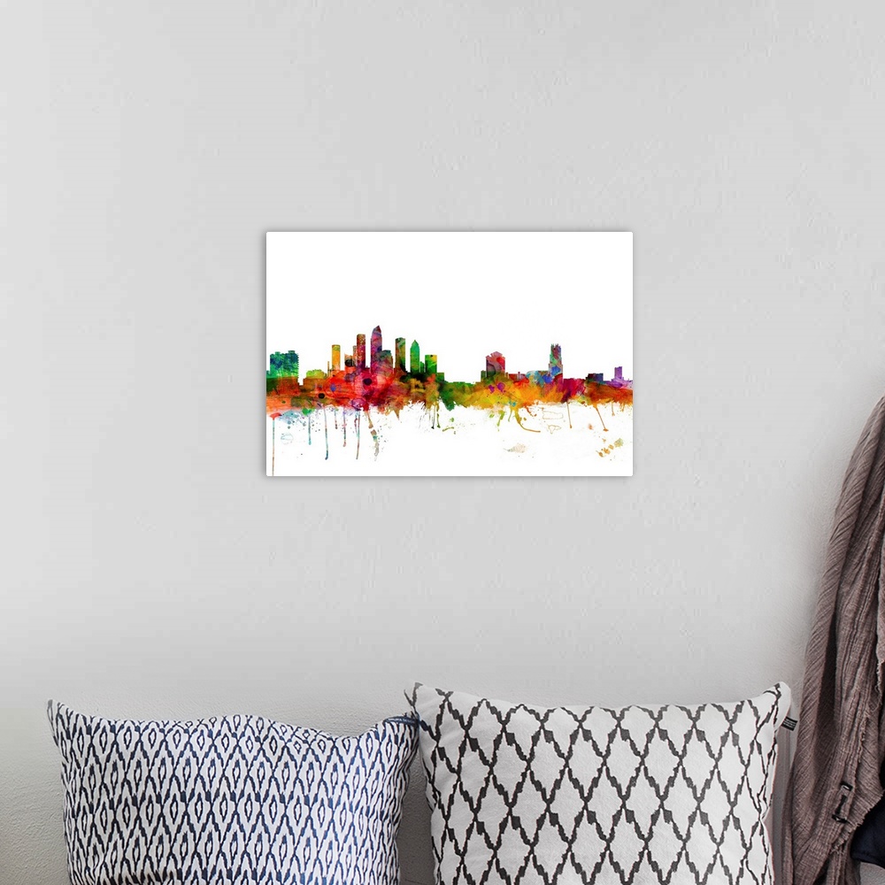 A bohemian room featuring Watercolor artwork of the Tampa skyline against a white background.