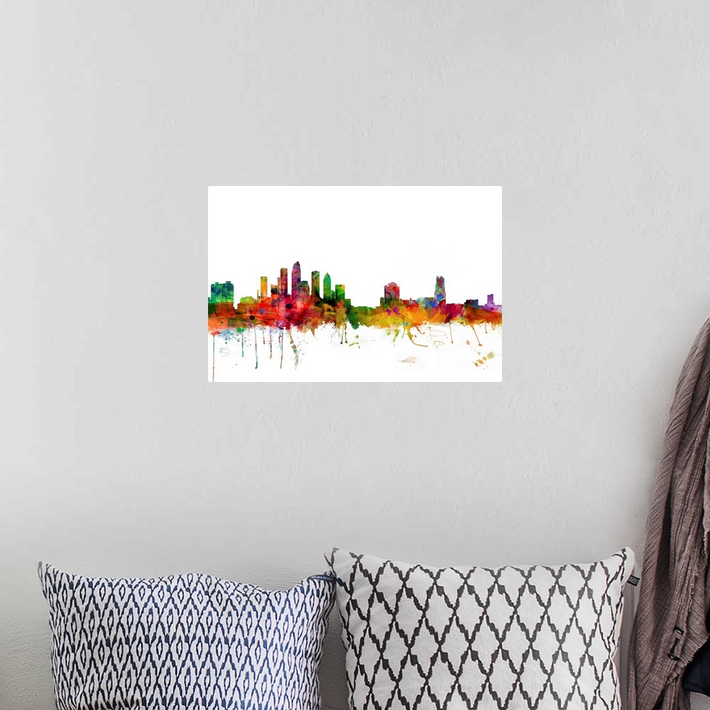 A bohemian room featuring Watercolor artwork of the Tampa skyline against a white background.