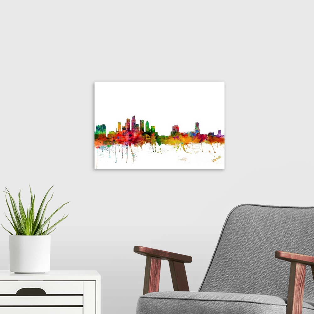 A modern room featuring Watercolor artwork of the Tampa skyline against a white background.
