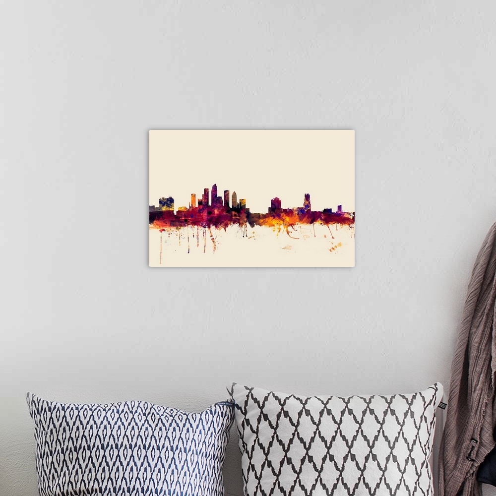 A bohemian room featuring Dark watercolor splattered silhouette of the Tampa city skyline.