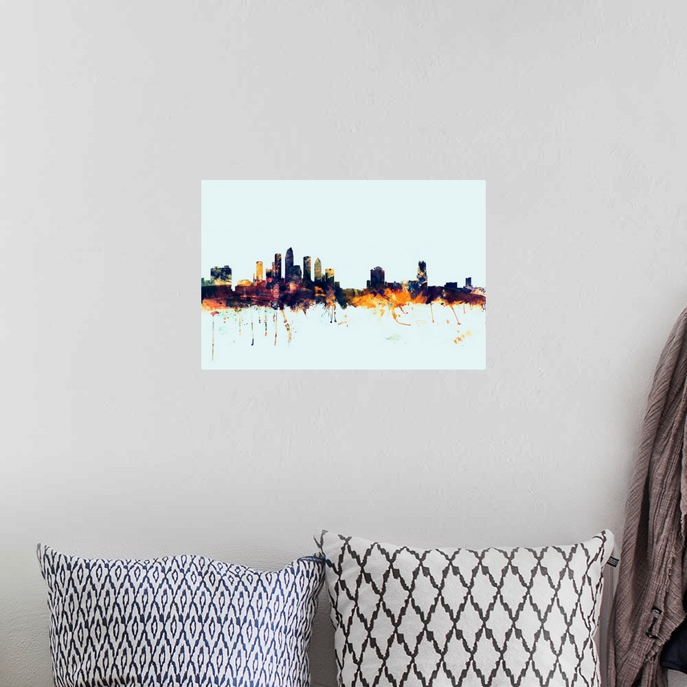 A bohemian room featuring Dark watercolor silhouette of the Tampa city skyline against a light blue background.