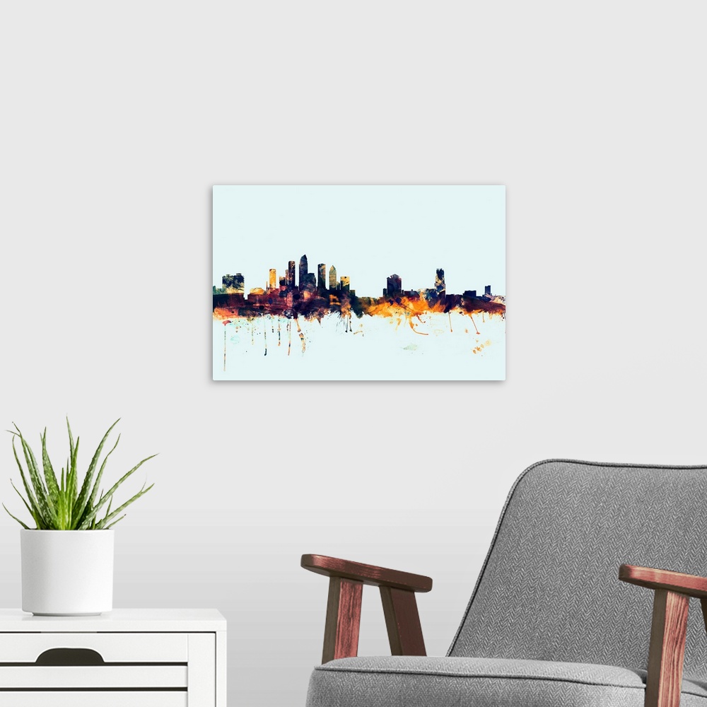 A modern room featuring Dark watercolor silhouette of the Tampa city skyline against a light blue background.