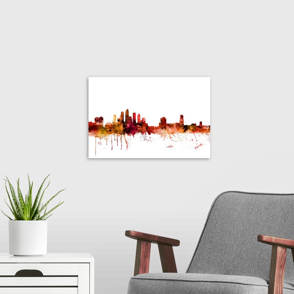 A modern room featuring Watercolor art print of the skyline of Tampa, Florida, United States.