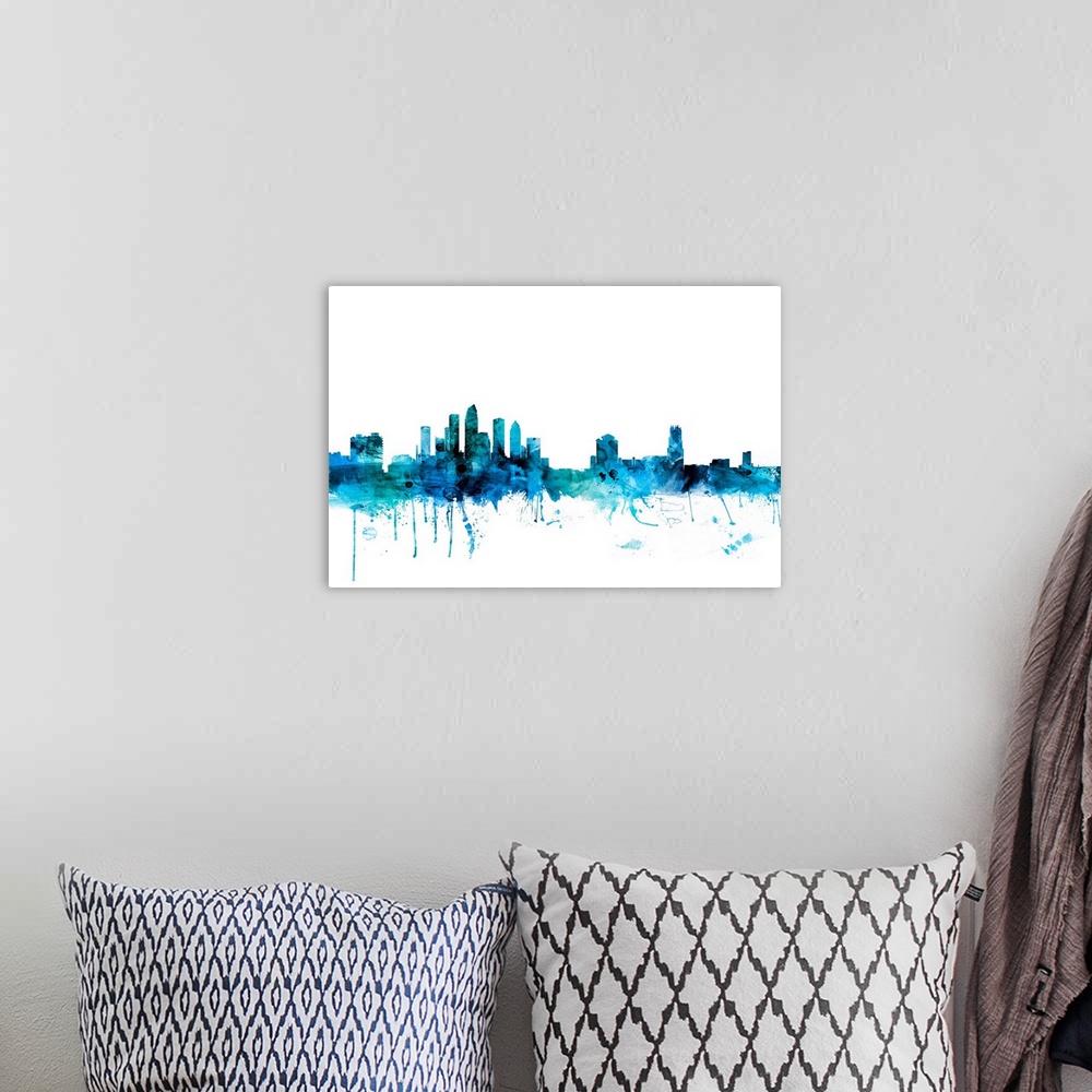 A bohemian room featuring Watercolor art print of the skyline of Tampa, Florida, United States.