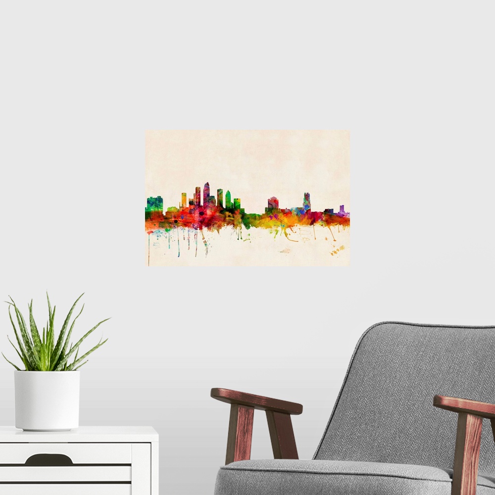 A modern room featuring Tampa Skyline