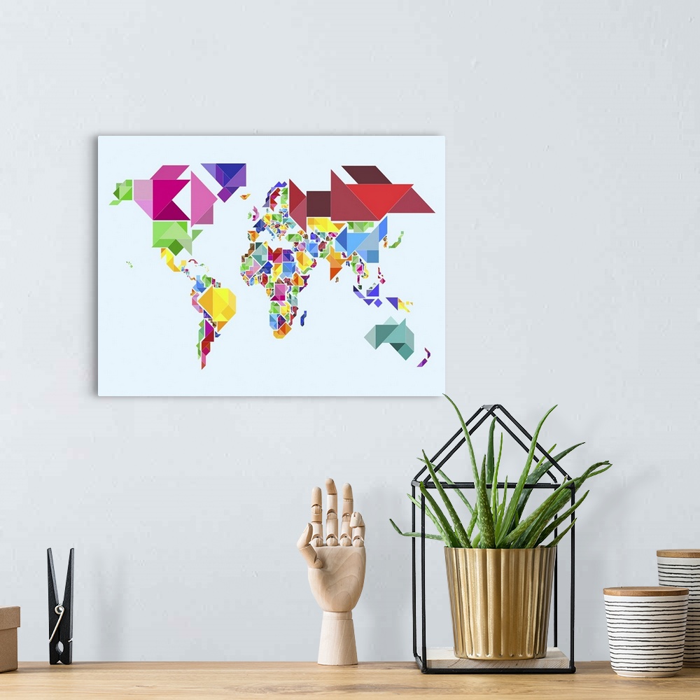 A bohemian room featuring Abstract Tangram Map of the World. The Tangram is a Chinese dissection puzzle, consisting of seve...