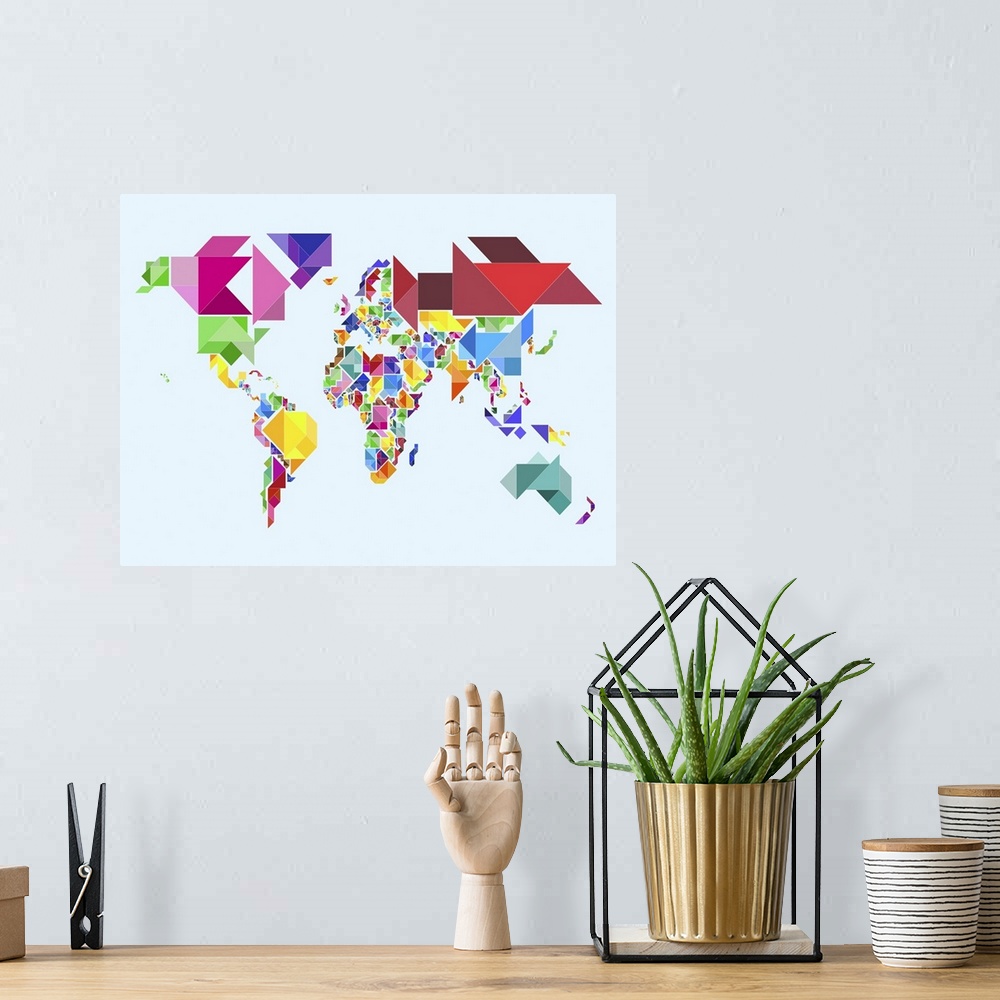 A bohemian room featuring Abstract Tangram Map of the World. The Tangram is a Chinese dissection puzzle, consisting of seve...