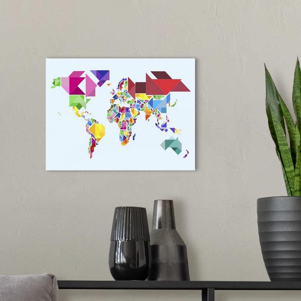 A modern room featuring Abstract Tangram Map of the World. The Tangram is a Chinese dissection puzzle, consisting of seve...