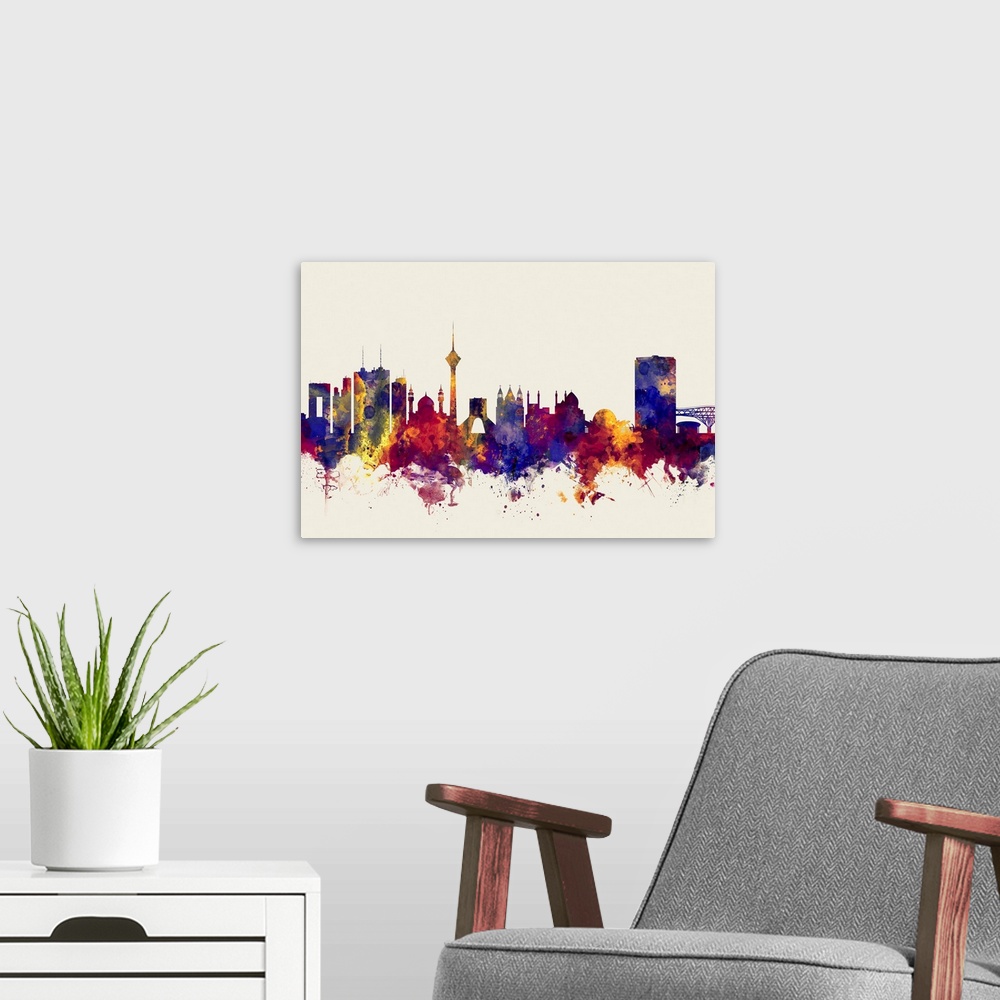 A modern room featuring Watercolor art print of the skyline of Tehran, Iran