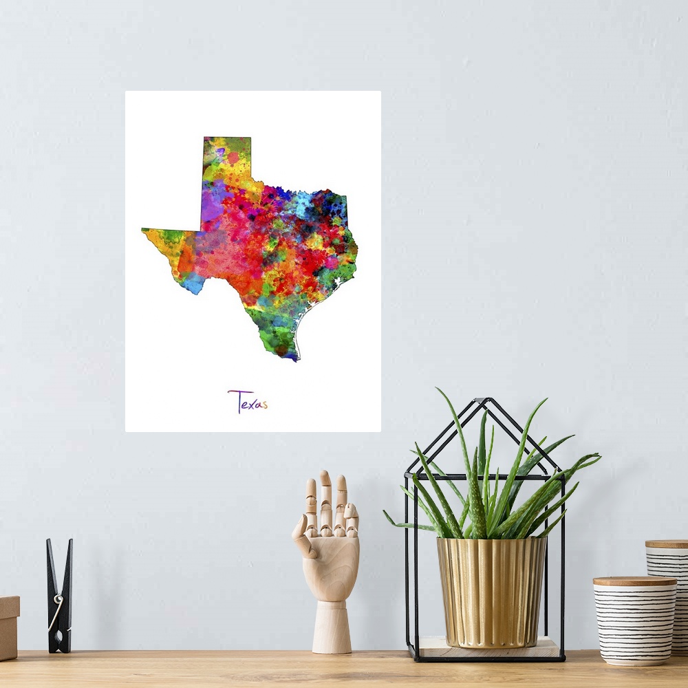 A bohemian room featuring Contemporary artwork of a map of Texas made of colorful paint splashes.