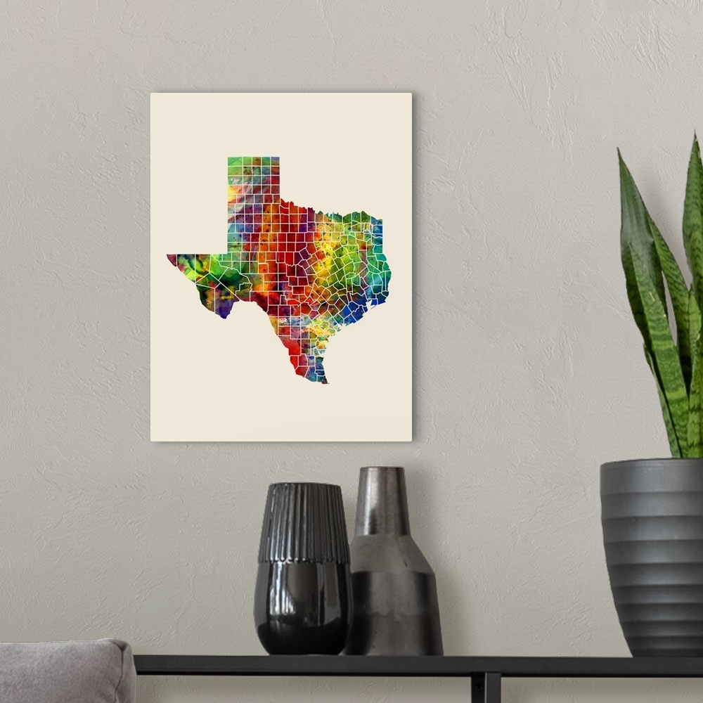 A modern room featuring A watercolor map of Texas, United States, featuring country borders