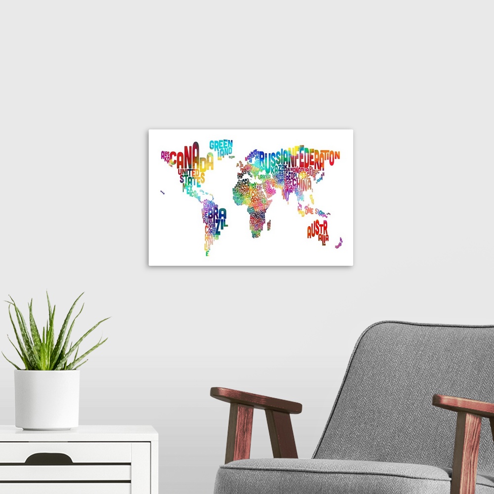 A modern room featuring Text Map of the World