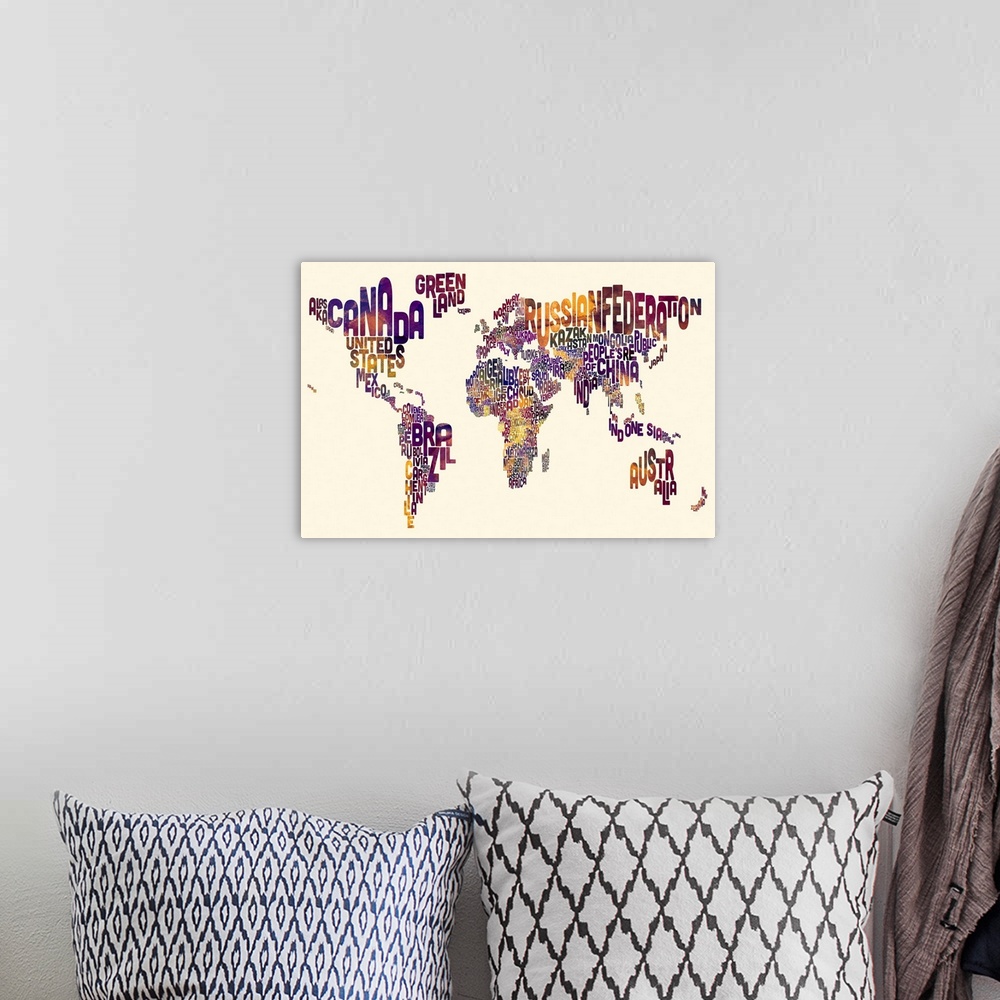 A bohemian room featuring Contemporary typography world map artwork. The name of the country makes up its shape.