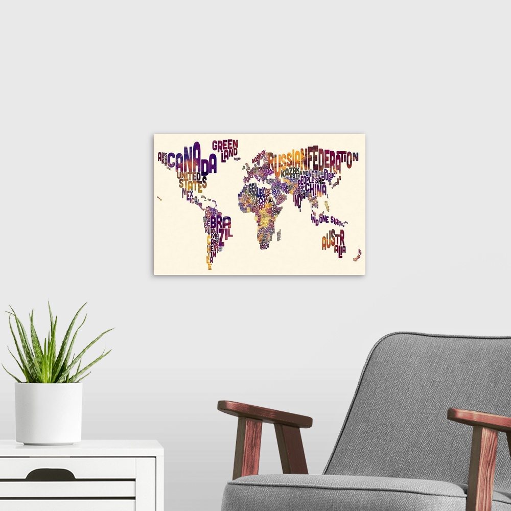 A modern room featuring Contemporary typography world map artwork. The name of the country makes up its shape.