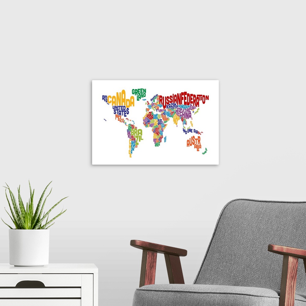 A modern room featuring A typographic text map of the World. Each country is represented by its name, which is shaped to ...