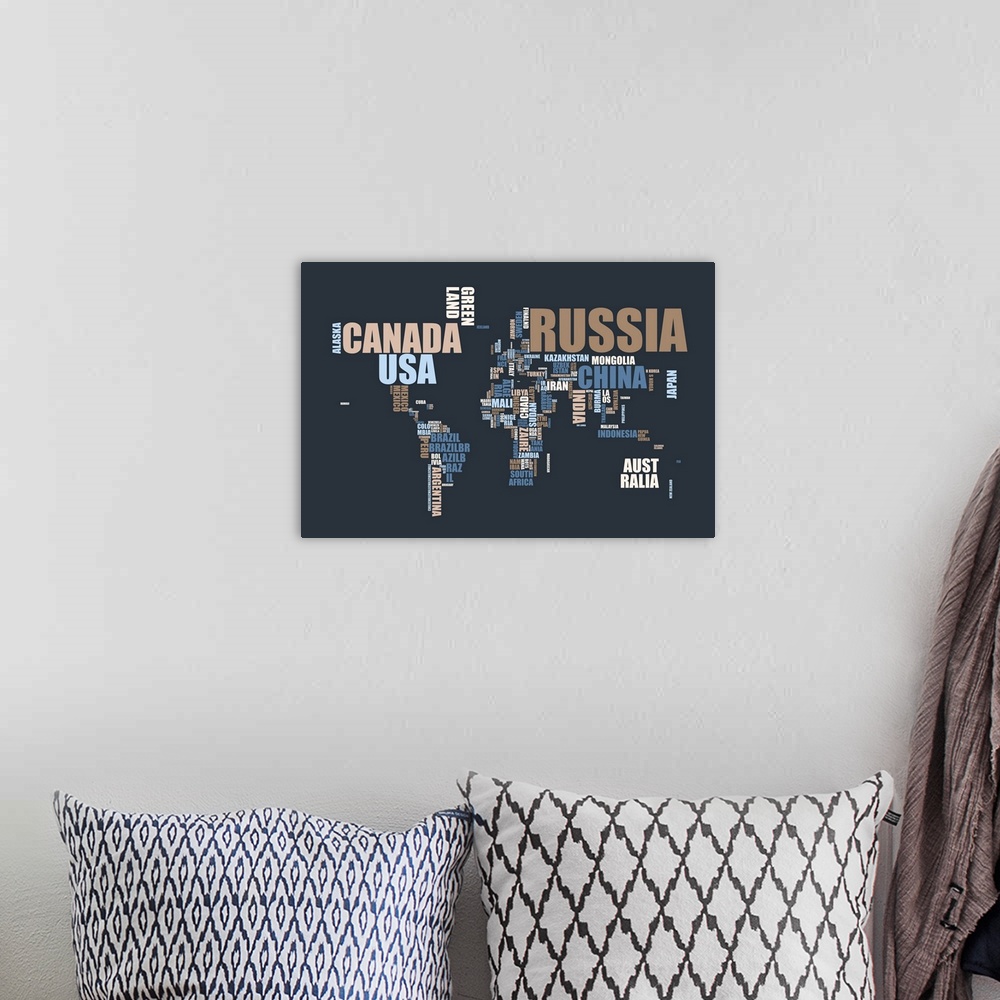 A bohemian room featuring Large, landscape wall hanging of the world map in muted tones, made up of the names of each count...