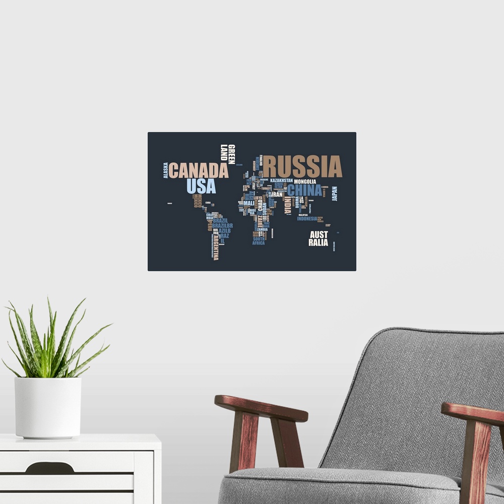 A modern room featuring Large, landscape wall hanging of the world map in muted tones, made up of the names of each count...