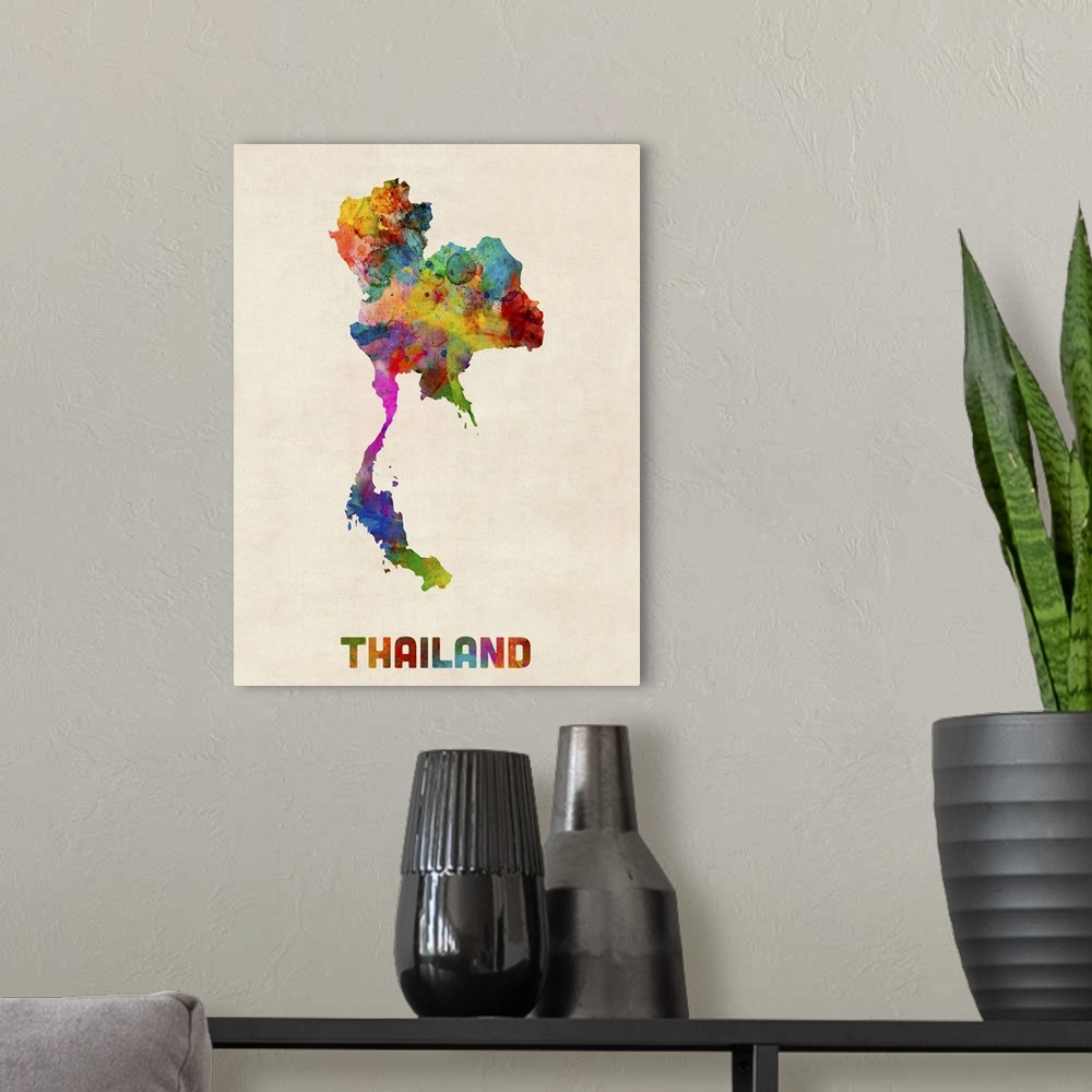 A modern room featuring Colorful watercolor art map of Thailand against a distressed background.