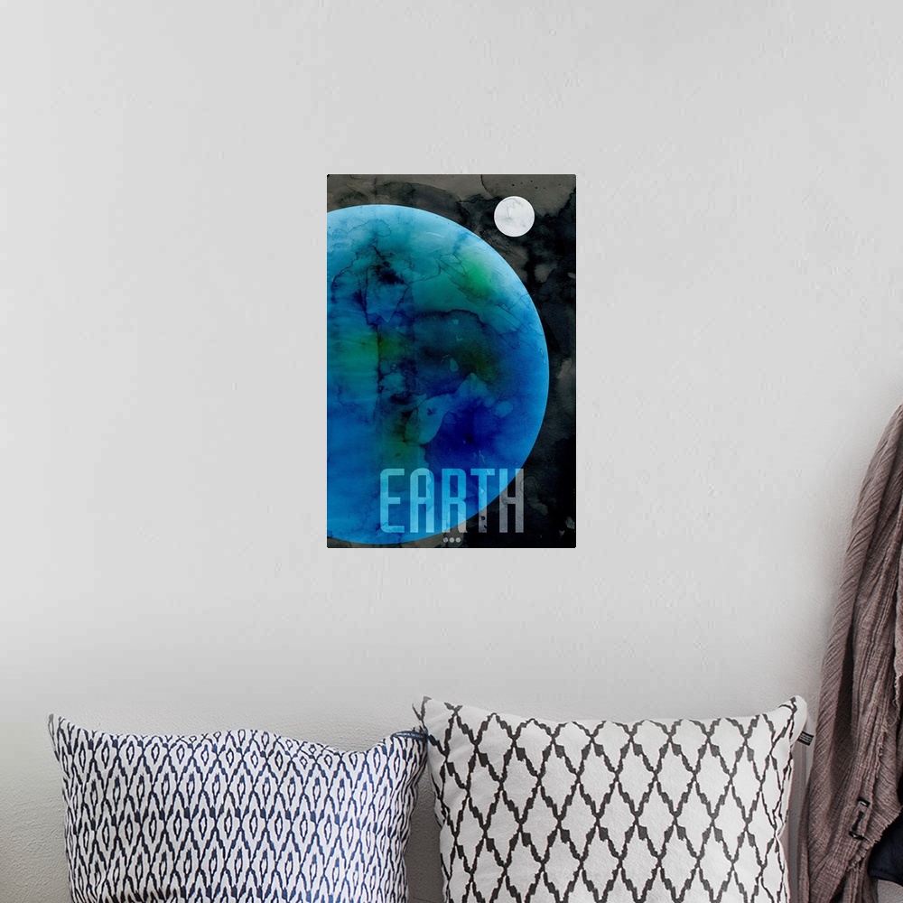 A bohemian room featuring The Planet Earth, number 3 in a set of 9 prints featuring the planets of our Solar System. The Ea...