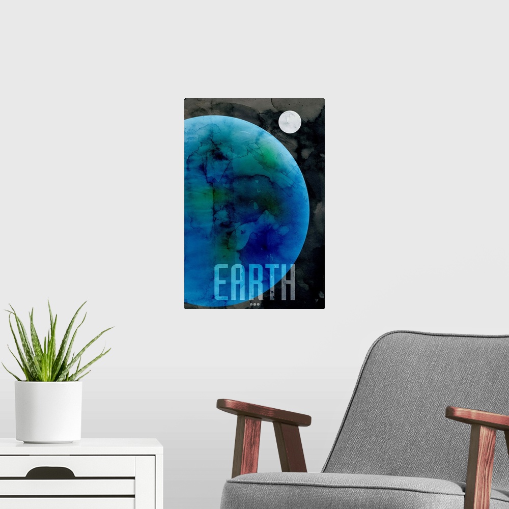 A modern room featuring The Planet Earth, number 3 in a set of 9 prints featuring the planets of our Solar System. The Ea...