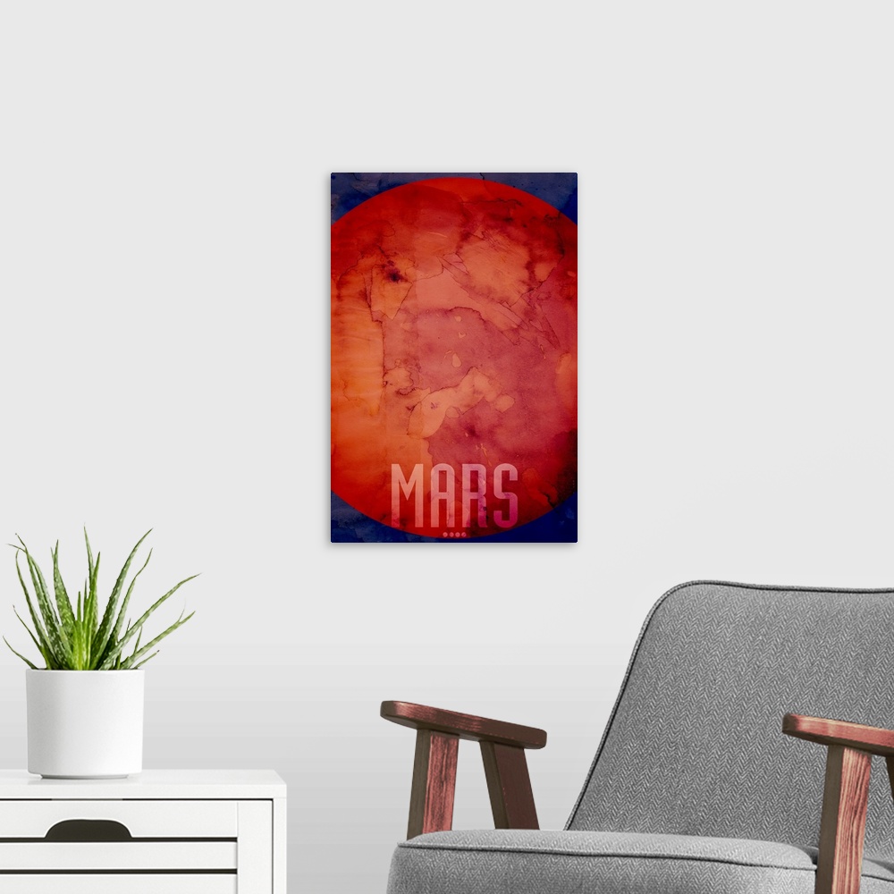A modern room featuring The Planet Mars, number 4 in a set of 9 prints featuring the planets of our Solar System. Mars is...