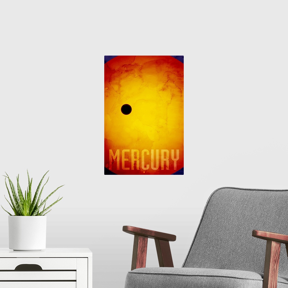 A modern room featuring The Planet Mercury, number 1 in a set of 9 prints featuring the planets of our Solar System. Merc...
