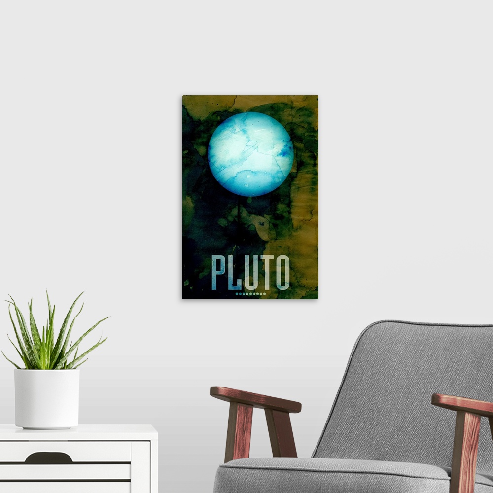 A modern room featuring The Planet Pluto, number 9 in a set of 9 prints featuring the planets of our Solar System. Origin...